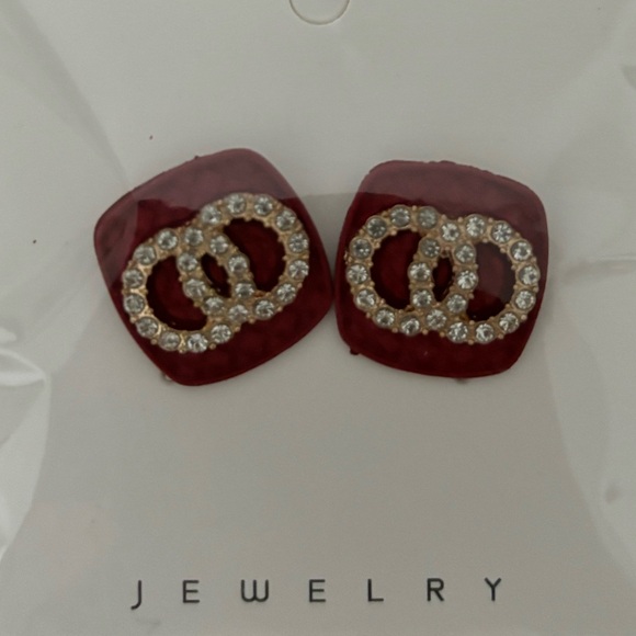 Red Quilted Rhinestone Stud Earrings Statement Jewelry - Picture 2 of 4